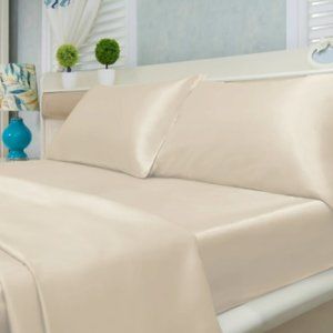 4-Piece Silky Soft Satin Sheet Set - Ivory - Queen Size